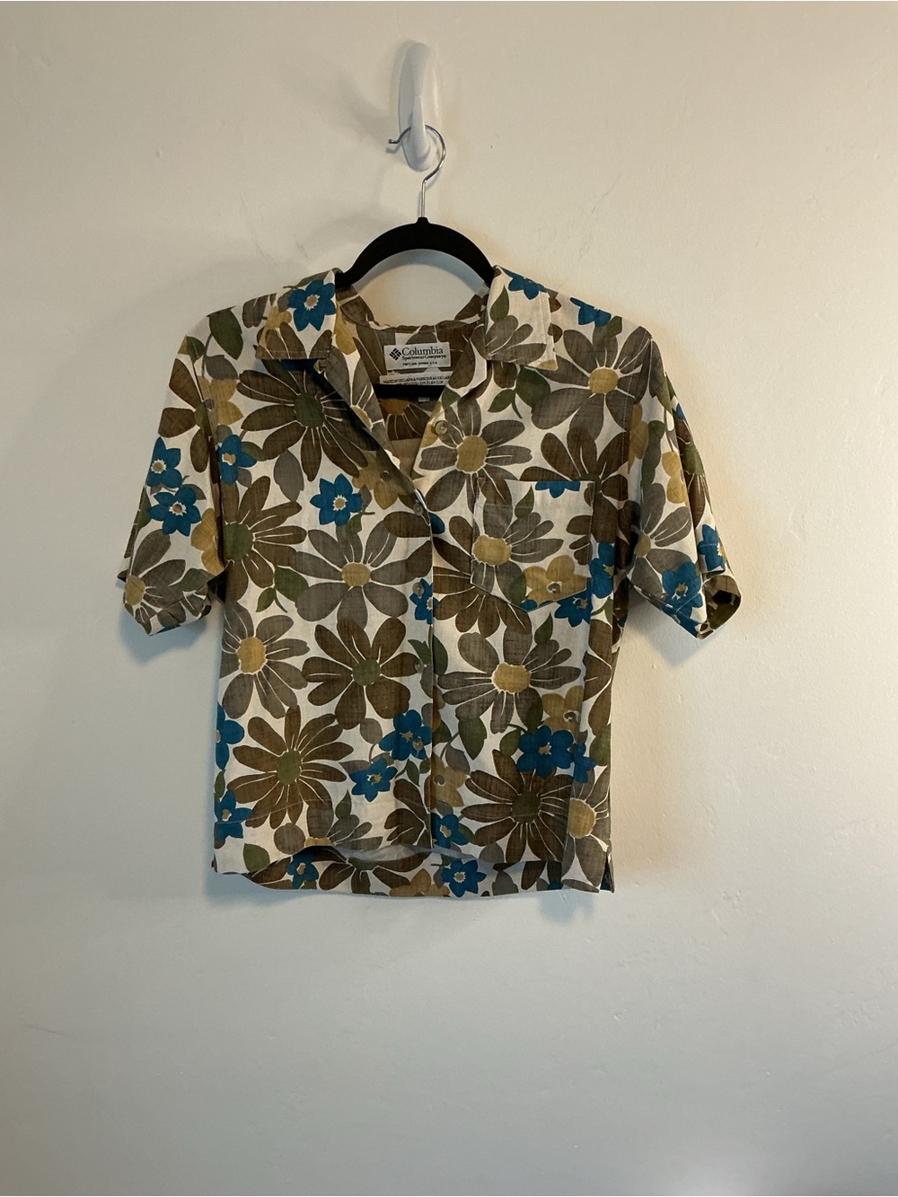 Columbia Floral Short Sleeve Button-Down Shirt — Cream, Brown & Blue